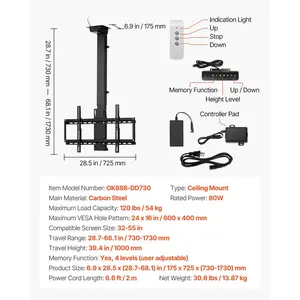 VEVOR Motorized Ceiling TV Mount, TV Wall Mount for 32 to 55 Inch TV, Electric Adjustable Ceiling TV Mount, Motorized Flip Down TV Mount Bracket with Max VESA 24x 16 in, Fits TVs Up to 120 lbs