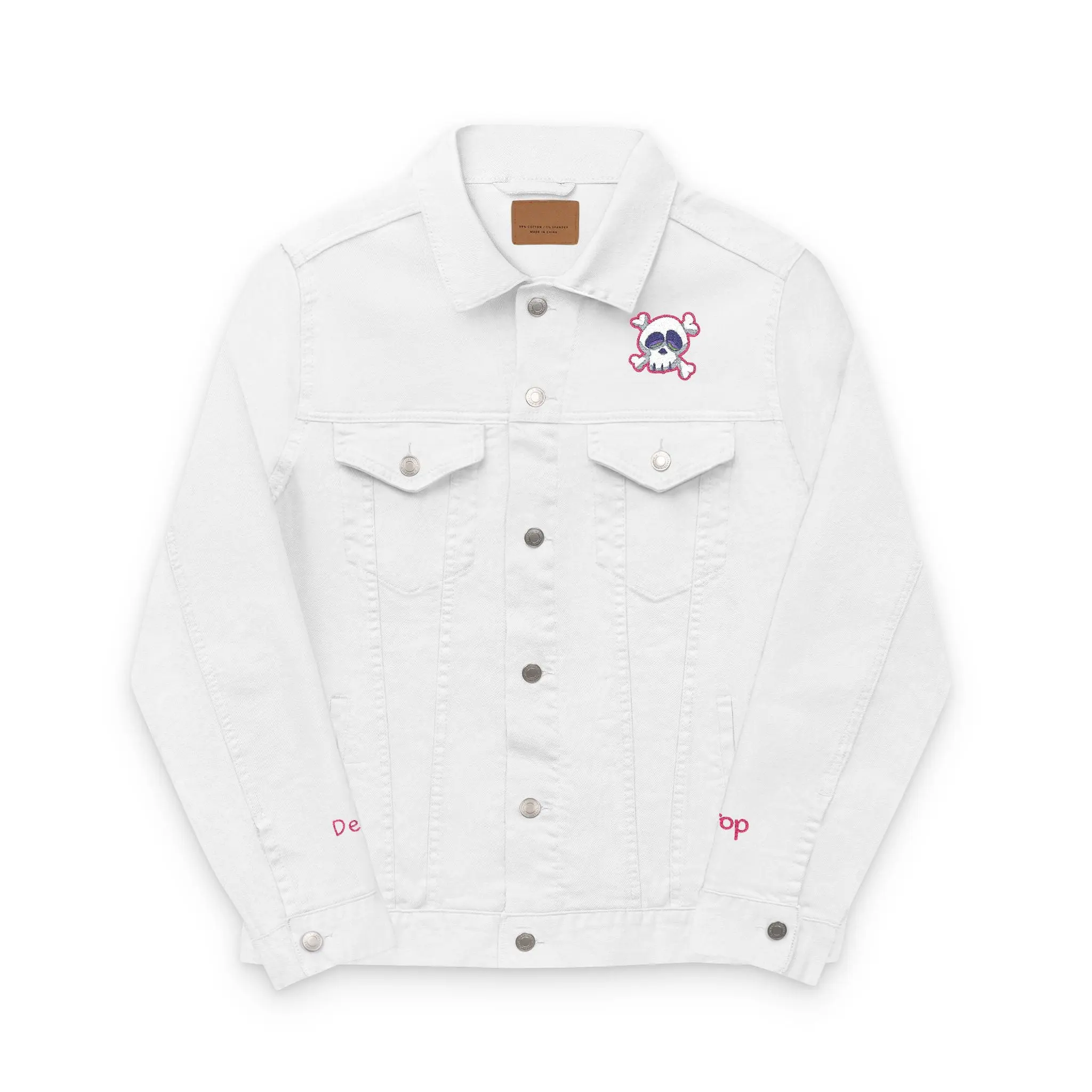 Jacket: Embroidered Drop Dead Pink Punk Skull Denim Jacket - Premium Comfortable & Durable All-Season Wear for Punk Rock Fans Casual Embroidery