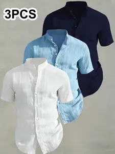 Men's Summer Short Sleeve Shirt Set, Lightweight Breathable Solid Color Plain Stand Collar Casual Button-Up, Tropical Beach Vacation Pool Party Daily Wear