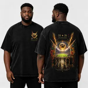 2026 North America Football Celebration Tee, Golden Stadium & Player Print Oversized Washed Shirt for Fans  loose fit summer casual shirt