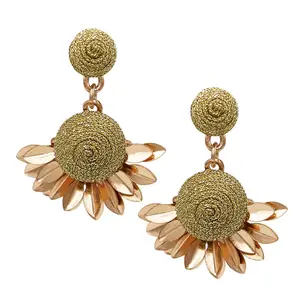 Fan Shape Metalic Thread Ball Dangle Drop Earrings (Gold Tone)