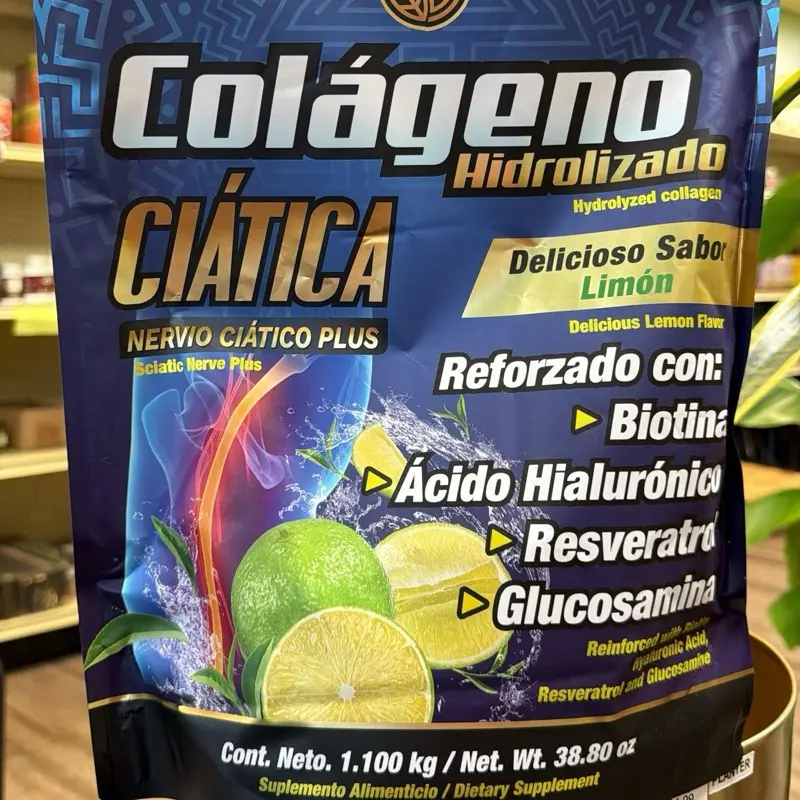 Colageno sabor limón Hydrolyzed Collagen Nervo Ciático Plus with Biotin Hyaluronic Acid Resveratrol Glucosamine 38.80 oz Lemon Flavor Dietary Fitness