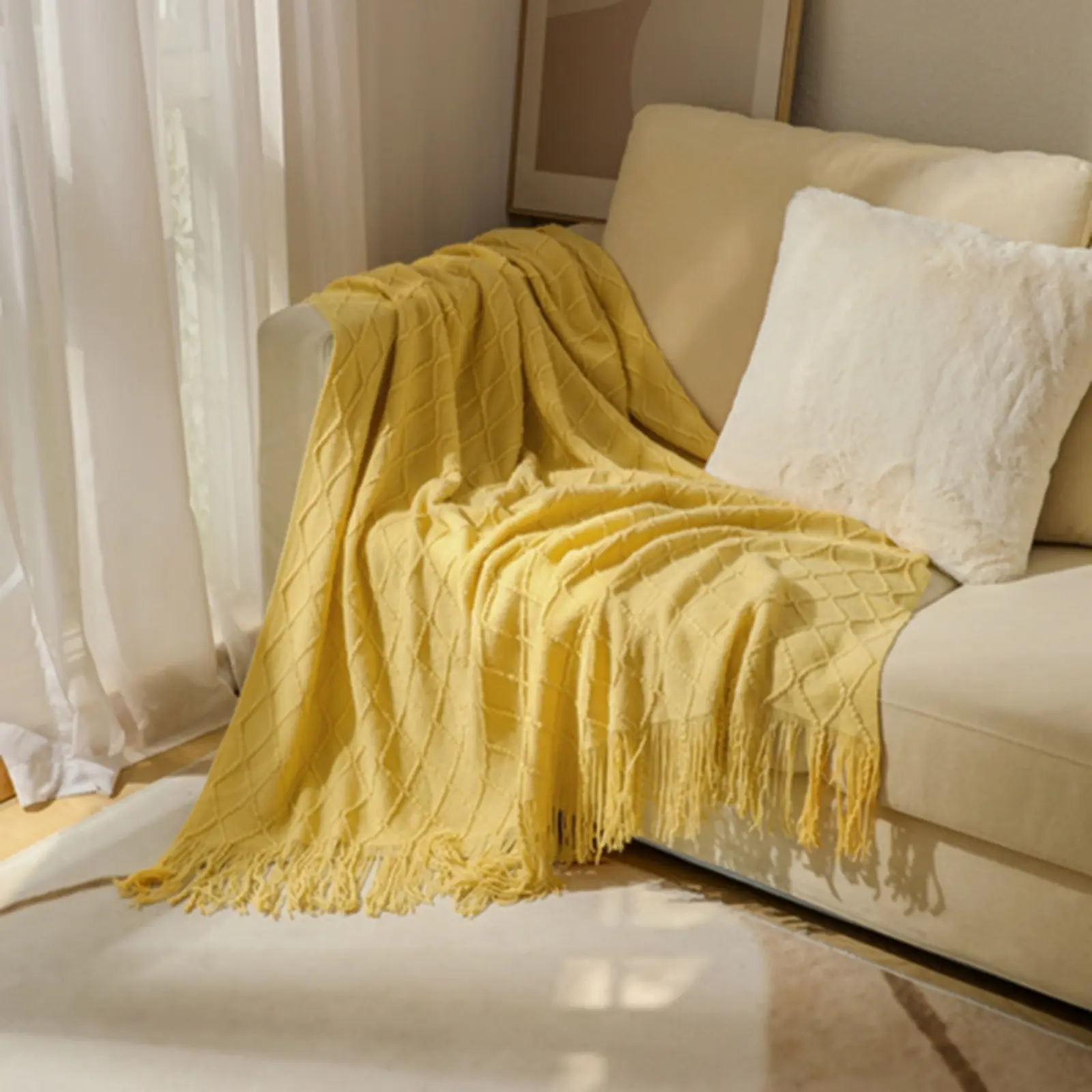 【Super Category】ROSEKIND Lightweight Breathable Summer Tassel Throw Blanket with 4in Fringe ,Anxiety Relief,Dupe,- Super Soft Decorative Blanket for Couch, Bed, Office Nap