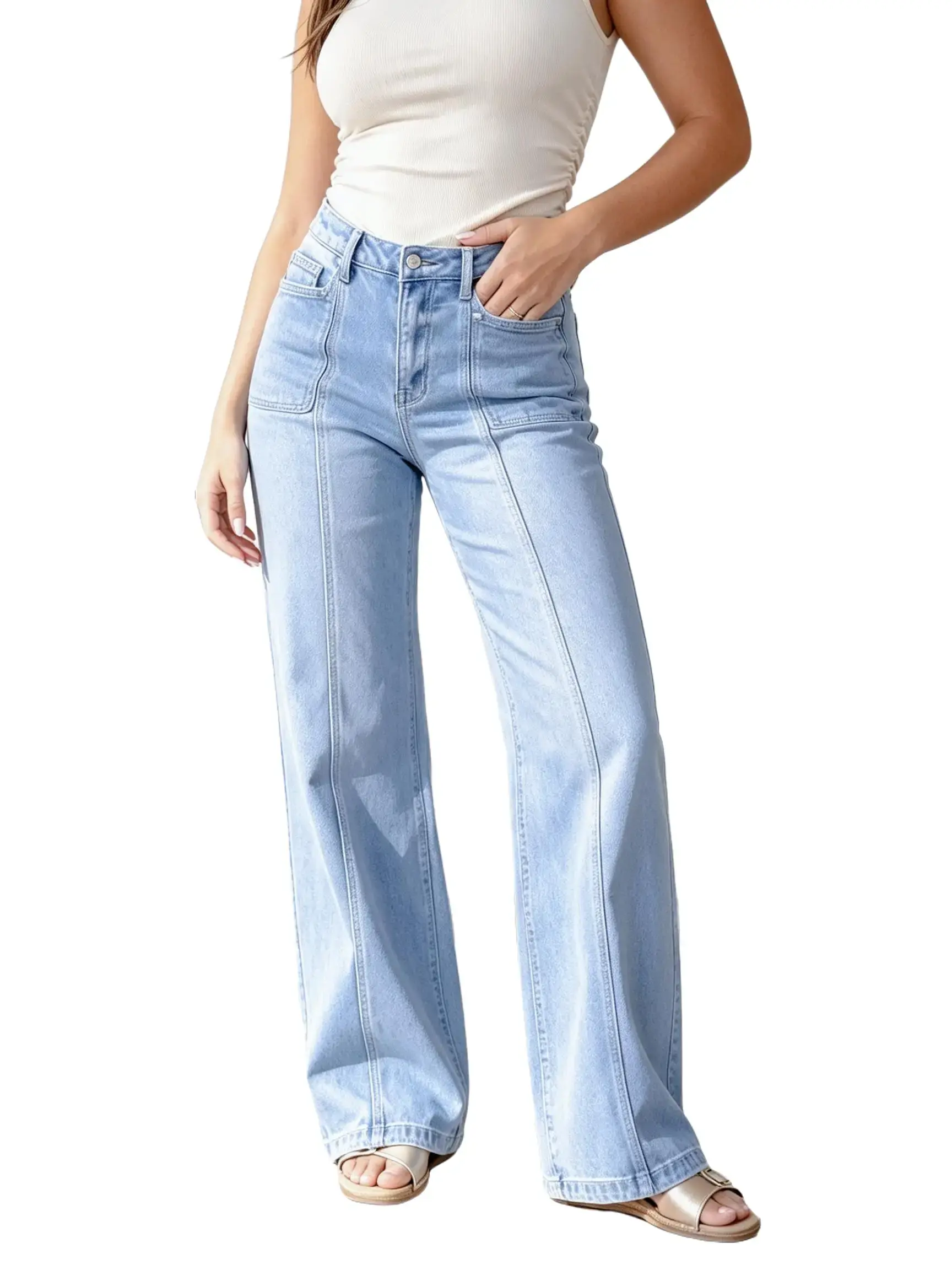 Women's High Waist Stretchy Light Wash Jeans, Wide-Straight Leg basic Baggy Vintage Casual Denim Trousers, Trendy Womenswear Bottoms
