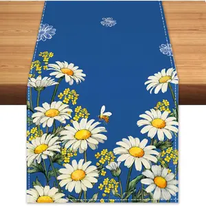 Spring Summer Daisy Floral Table Runner Bees Burlap Table Runners, Charming Blue  Seasonal Coffee Table Center Decor for  Kitchen Dining Party Indoor Outdoor 13x72 Inch