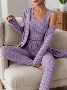 Women's Solid Color Ribbed Knit Vest, Long Pants, and Long Sleeve Jacket Three-Piece Fitted Pajama Set, Pjs, Casual Homewear, Loungewear, All Seasons, Cartoon Pattern