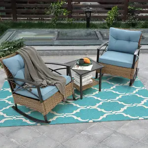 【Bellemave】3pcs rocking rattan set wholesale leisure chair outdoor rattan rocking chair set grey