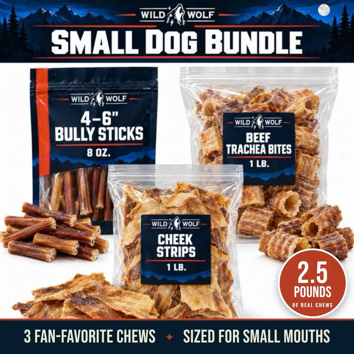 Small Dog Bundle - 4-6” Bully Sticks (8 oz), Beef Trachea Bites (1 lb) & Beef Cheek Strips (1 lb) - 2.5 lbs of 100% Natural Single-Ingredient Dog Chews & Treats for Small Breeds
