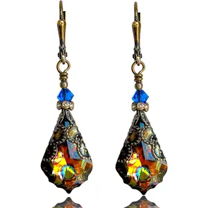 Antique Inspired Vintage Victorian Dangle Drop Earrings for Women - Colored Austrian Crystal Leverback Earrings - Jewelry Gift for Her