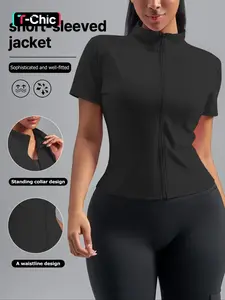 Women's Short Sleeve Sport Jacket, Sports Jacket, Athletic Outerwear, Zippered Jacket, Front Zipper Design, Stand Collar Slim Fit Gym Top, All Seasons Moderate Fabric, Plain Style, Athleisure Style, Yoga Jacket Top, Women Workout Clothes