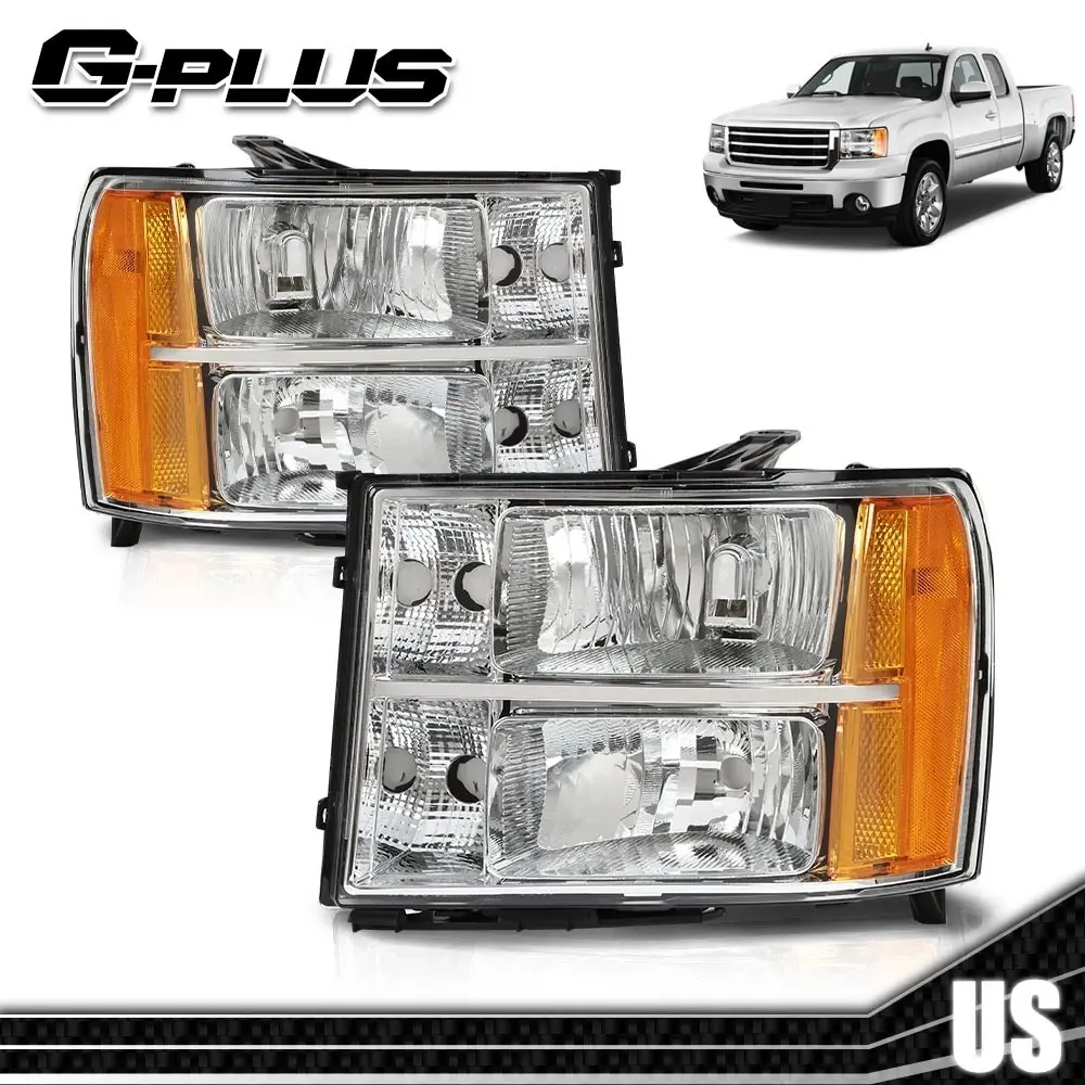 G-PLUS Headlights for 2007-2013 GMC Sierra 1500 2500HD 3500HD Pickup Truck Replacement Headlamp Chrome Housing Clear Lens Clear Reflector Driver & Passenger Side,car accessories