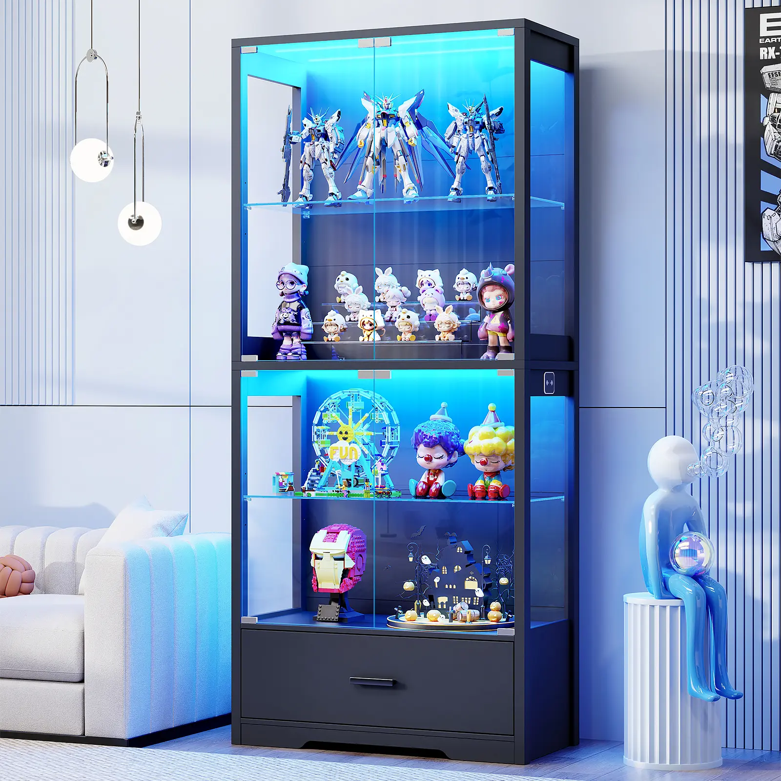 Brottar Display Cabinet with Glass Doors, 4-Tier Curio Cabinet with Drawer for Collectibles, Display Case with 3-Color Lights & Human Body Sensor, Storage Cabinets with Adjustable Glass Shelves, White/Black