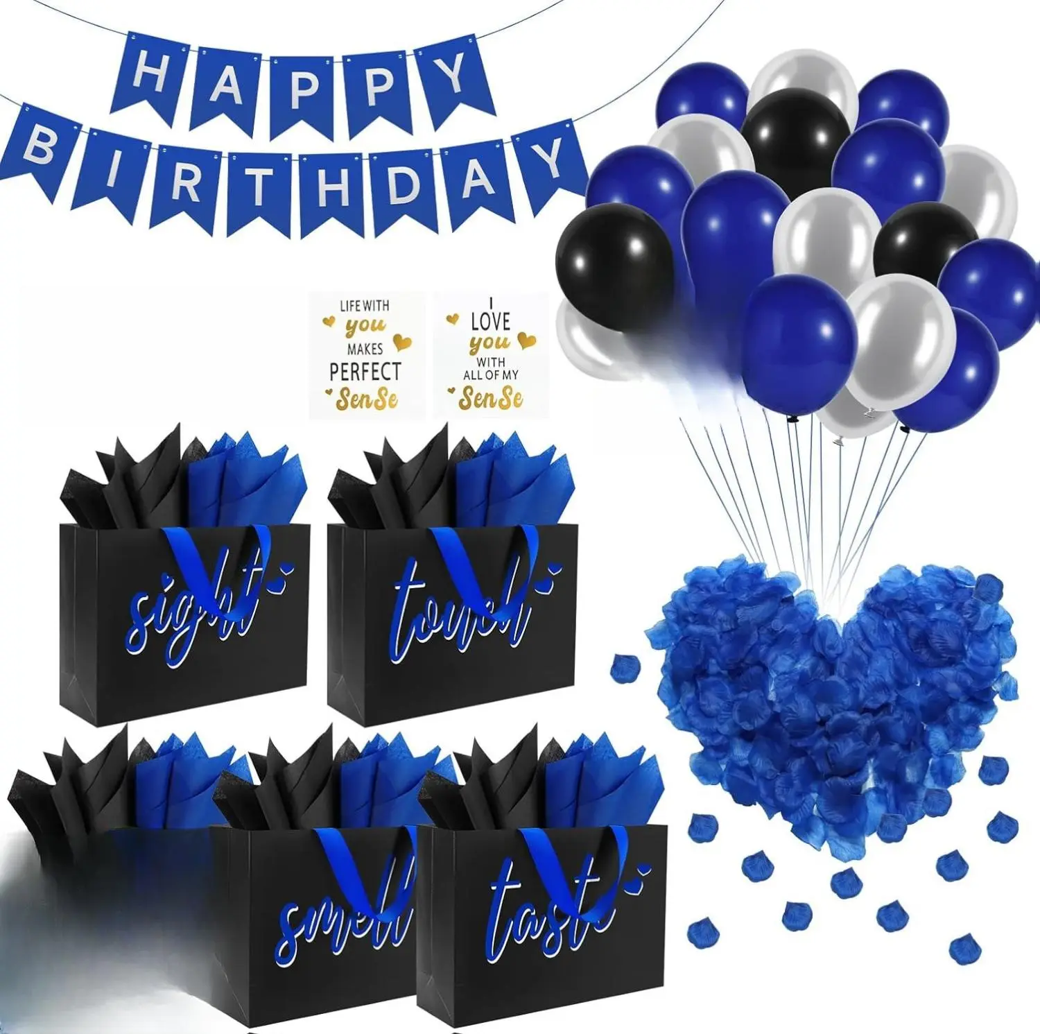 5 Senses Gifting & Decorations Kit - Black with Blue Lettering, Includes Bag, Labels, Tissue Paper, Banner, Balloons, Rose Petals, Envelope, Card, for Birthday, Him