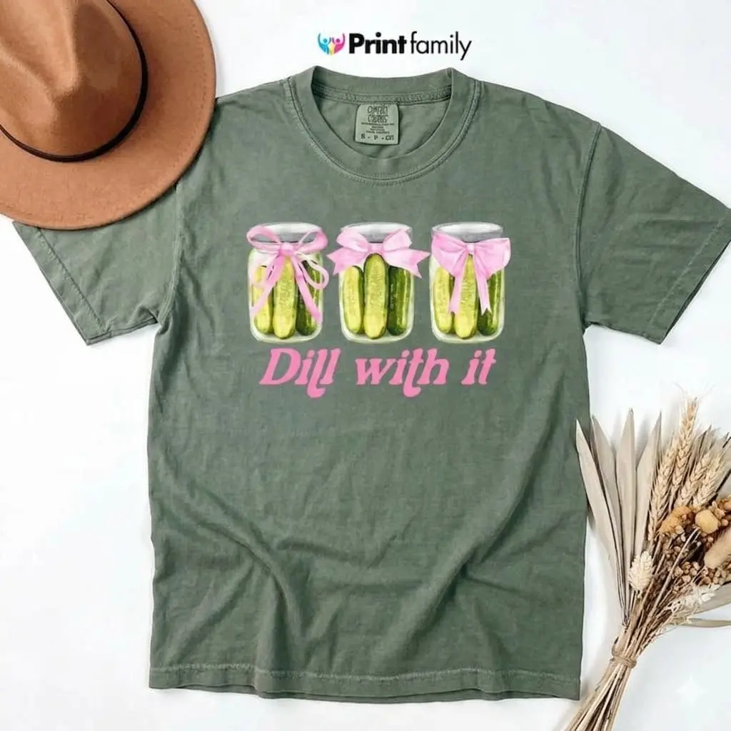 Comfort Colors Funny Dill With It Pickle Shirt, Cute Pickle Lovers Tee, Coquette Pickle Jars Sweatshirt, Cute Women Gift for Women, Summer Vacation Shirts - Printfamily
