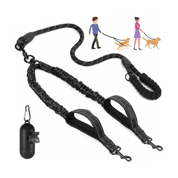 Tangle-Free Double Dog Leash - 360° Swivel Heavy-Duty Reflective Lead with 2 Padded Handles, Dual Splitter, Shock-Absorbing Design for Small, Medium Dogs