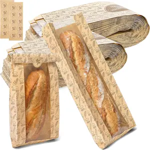 100 Pack Paper Bread Bag with Window,  Long Bread Bag with 100 Seal stickers, 18.4"x6.7"x2"  Breads Loaf Packing Bags for , Bakery, Coffee Bar