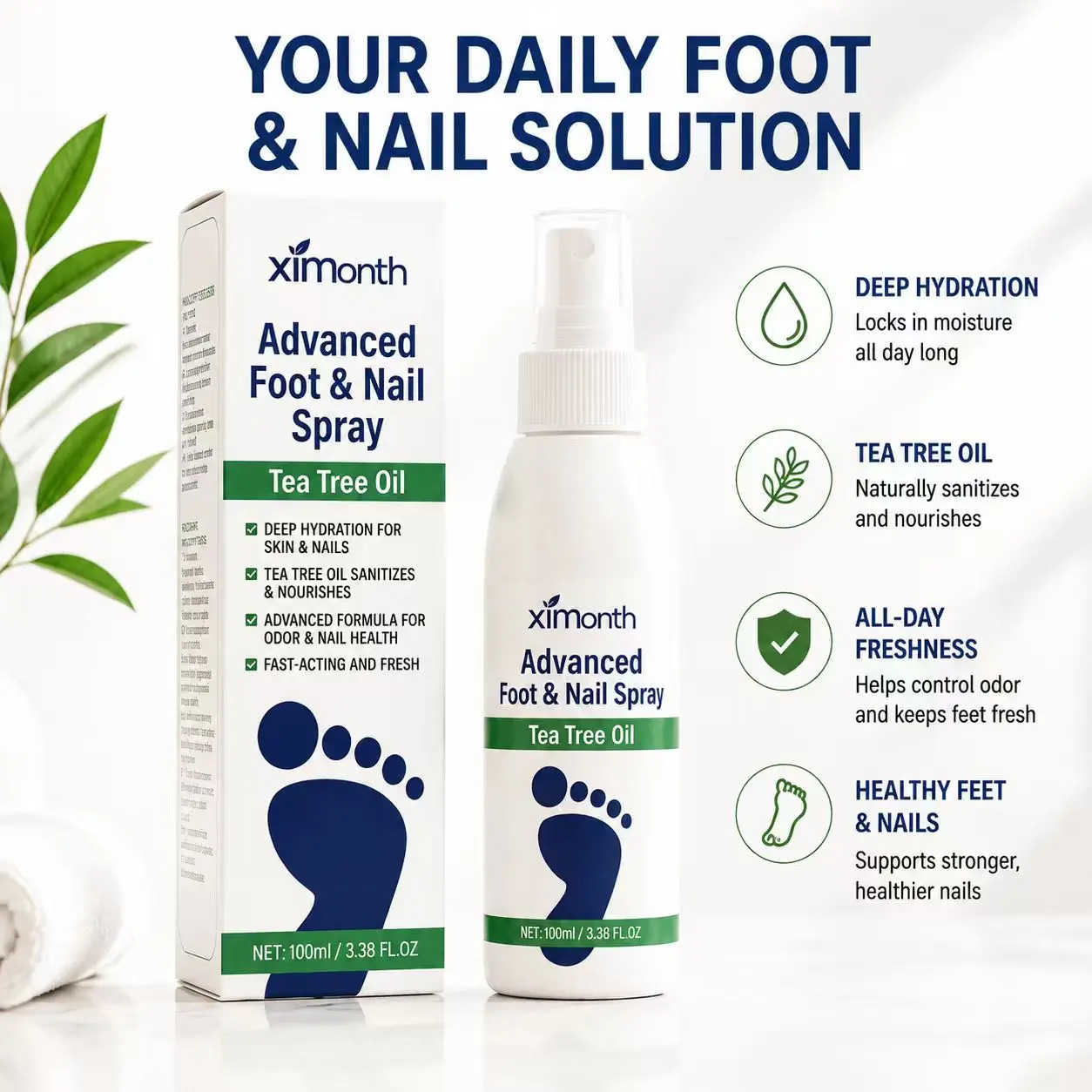 Tea Tree Oil Foot Spray - Plantar Moisturizing Deodorant for Odor Control & Dry Feet Care, Natural Foot Sanitizer with Antifungal Properties,Ximonth Clear Foot Sanitizer Spray,for Foot & Shoe Freshness long-lasting antibacterial pecueca