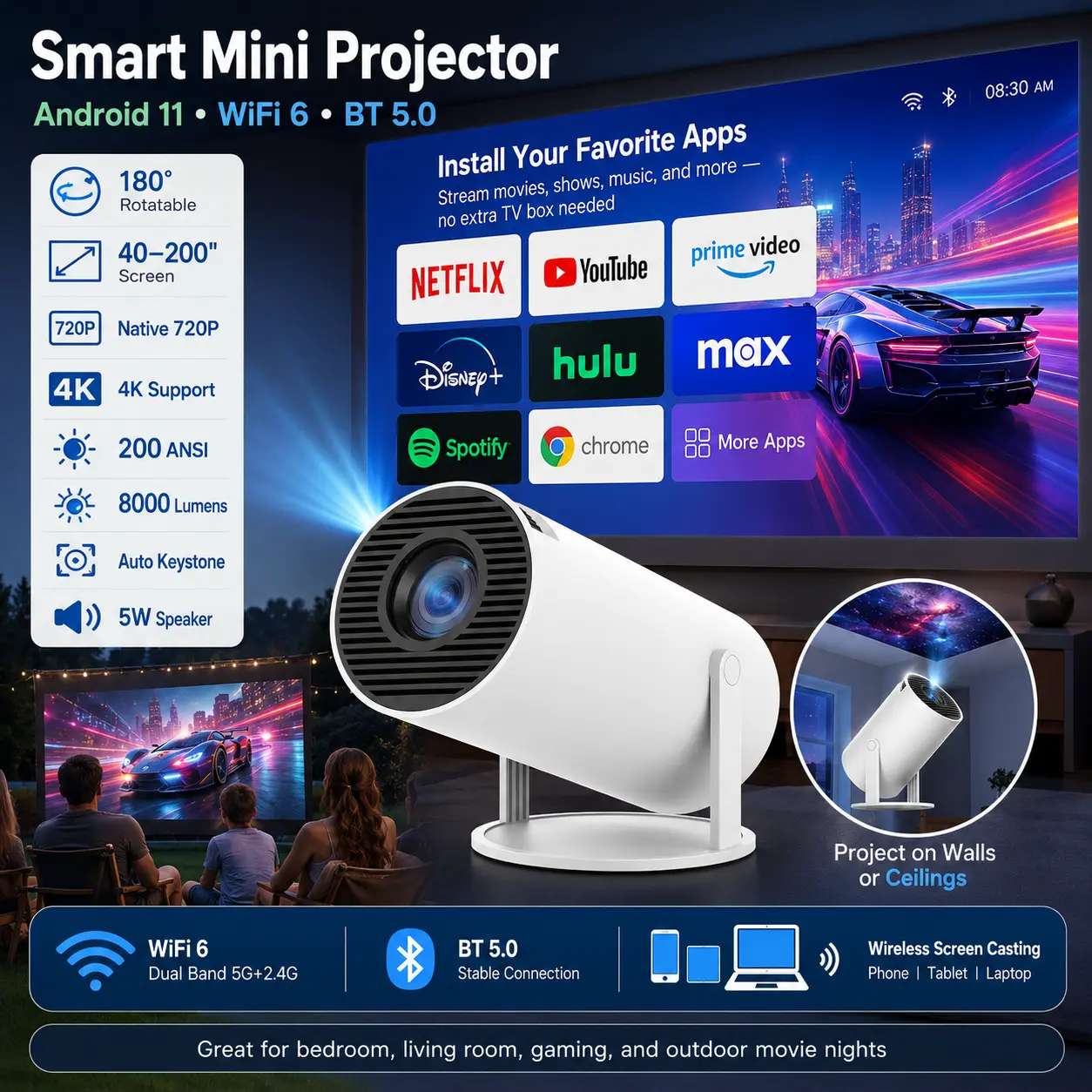 Mini Projector 4K 1080P Support, Portable Projector WiFi6 BT 5.0 Android 11, Smart Projector Auto Horizontal Correction,180°Rotatable Outdoor Movie Projector Compatible with Phone