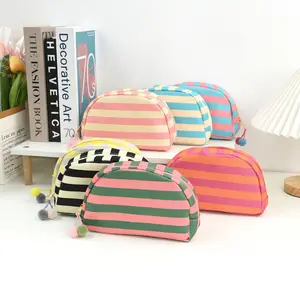 Striped Half Moon Makeup Bag, Preppy Canvas Cosmetic Pouch with Cute Pom Pom Zipper, Large Travel Toiletry Organizer, Aesthetic Skincare Storage Bag for Women & Teen Girls