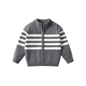 1pc, Boys casual striped knitted cardigan, with a stand-up collar and zipper design. Suitable for outdoor sports and school wear. Made of elastic fabric, for spring, autumn and winter. Fashionable and versatile coat for boys