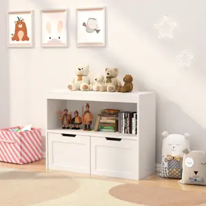 White Book And Toy Storage Cabinet 2 Drawers Open Cube Shelves For Bedroom Living Room Home Office 31 5 Inch Wide MDF Rounded Corners