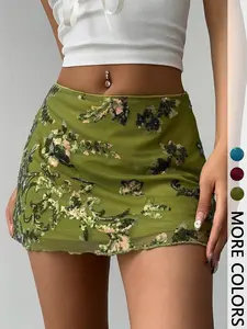 Women's Sexy Short Skirt with Sequin Floral Pattern and Mesh Design, Summer Fashion Vacation Style, Slim-Fitting, Short Length