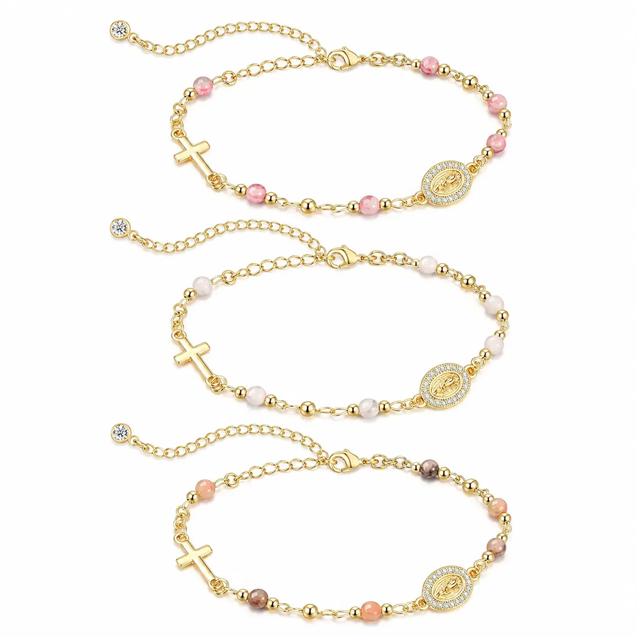 Loyalove 14KGold Plated Tone Virgin Mary Cross Bracelet for Women, Dainty Beaded Faith Charm Bracelet with CZ Medallion, Adjustable Trendy Christian Jewelry, Everyday Gift