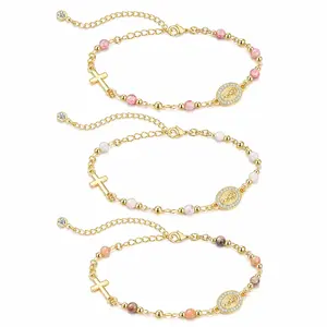 Loyalove 14KGold Plated Tone Virgin Mary Cross Bracelet for Women, Dainty Beaded Faith Charm Bracelet with CZ Medallion, Adjustable Trendy Christian Jewelry, Everyday Gift