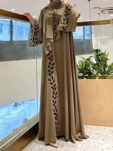 Luxury Arabic Clothing-Leaf Embroidered Bell Sleeve Chiffon Maxi Arabian Dress with Hijab, Elegant Long Kaftan Dresses Loose Abayas, Muslim Islamic Clothes, Viral Style, Aesthetic, Essential, Party Ready, Viral Fashion
