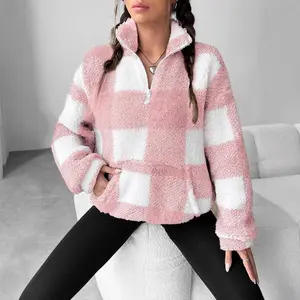 Women's Stylish Cropped Plaid Half-Zip Fleece Hoodie - Soft Warm Trendy, Perfect for Daily Wears, Street Styles, Weekend Outings & Casual Hangouts