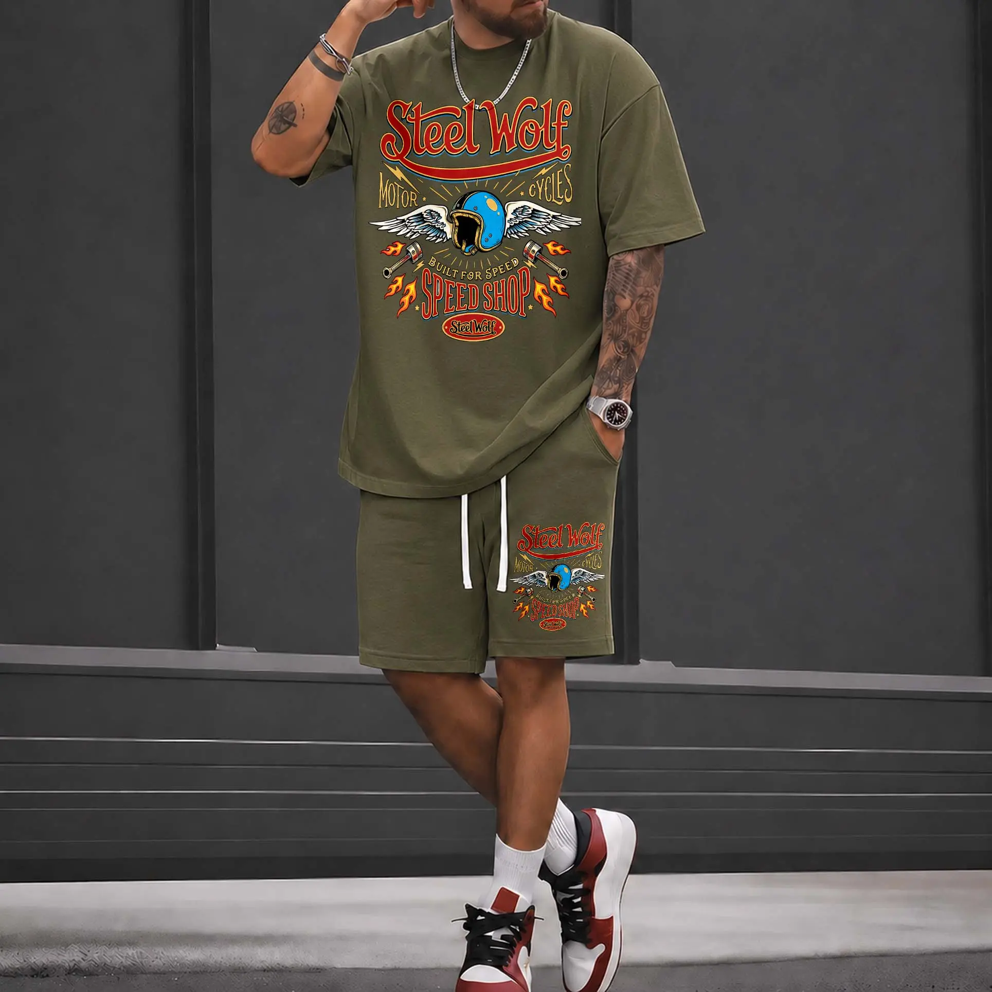 Men’s Summer 2 Piece Set, Steel Wolf: Motorcycle Style Hiphop Street Style Letter Print Short Sleeve T Shirt and Drawstring Shorts Matching Outfit, Lightweight Breathable Casual Set for Travel, Streetwear, Beach, Vacation, and Daily Wear