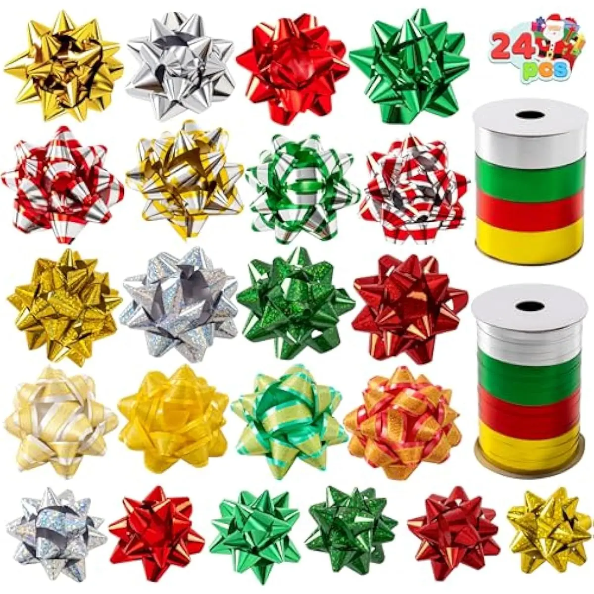 24 PCS Christmas Bows and Gift Ribbons with 22 Multi-Colored Assorted Size Gift Bows and 2 Rolls of Curling Ribbons for Present Christmas Wrapping Decoration