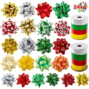 24 PCS Christmas Bows and Gift Ribbons with 22 Multi-Colored Assorted Size Gift Bows and 2 Rolls of Curling Ribbons for Present Christmas Wrapping Decoration