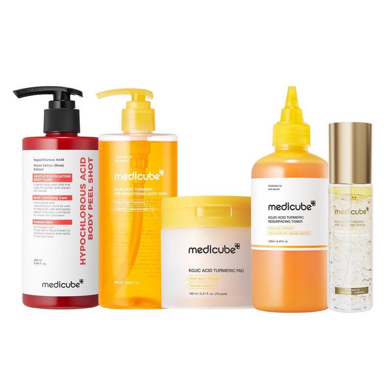 [medicube] Smooth & Clear Body Care Set | Hypochlorous Acid Body Peel Shot, Kojic Acid Turmeric Body Wash, Toner Pad, Toner, Mist | Exfoliating for Dead Skin Cells & Excess Sebum & Clearing for After Spots, Texture & Uneven Skin Tone | K-Beauty