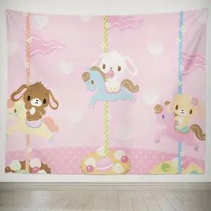 VIKAMA Cartoon Carousel Tapestry Pink Love Animal Background Cloth Warm and Cute Style Living Room Sofa Room Decoration