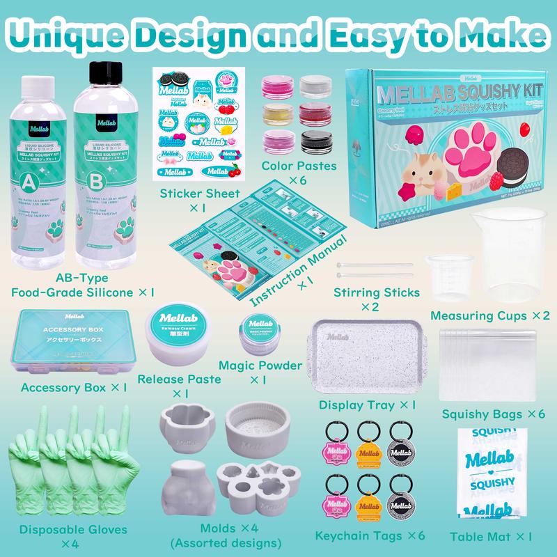 MELLAB Taba Squishy Making Kit , 18OZ Gel for creamy Fidget toy with Guided, molds: Cat Paw, Hamster, Biscuit, Strawberry, Star, Cherry, Cheese, Raspberry, Octopus Shapes,Gifts for Any Occasion