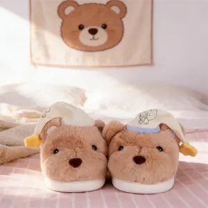 Bear Hat Plush Slippers for Adults | Animal Character Home Footwear | Cozy Winter Design