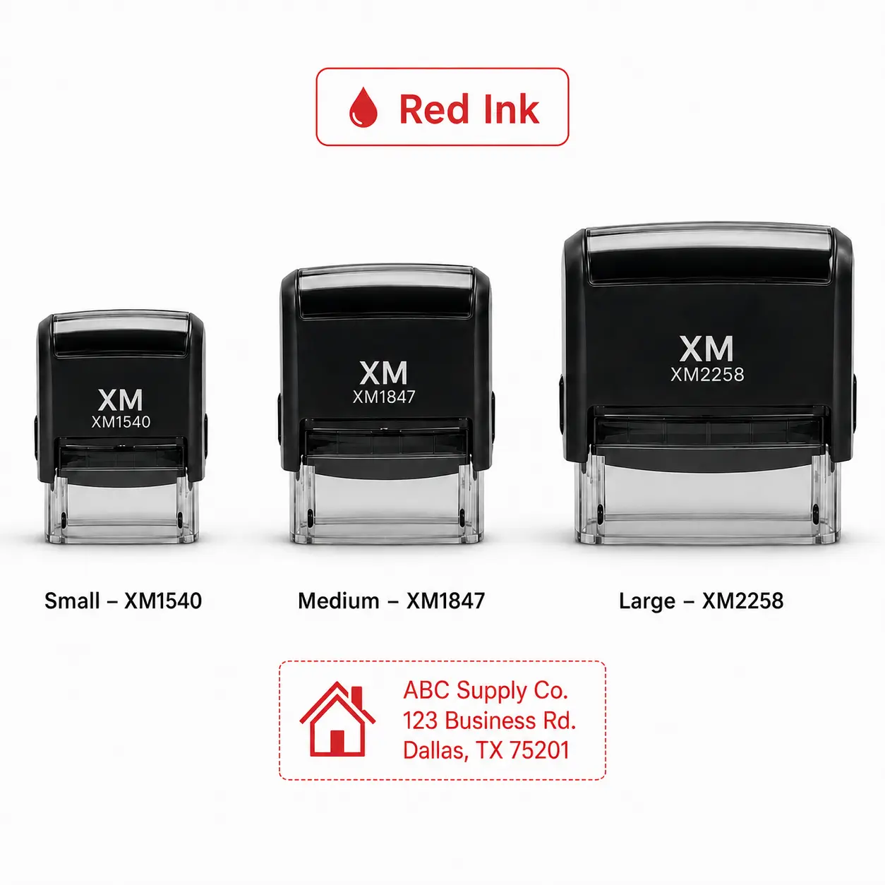 Personalized Red Ink Self-Inking Stamp with Custom Address, Text or Business Logo, 3 Sizes for Office, Mailing and Packaging