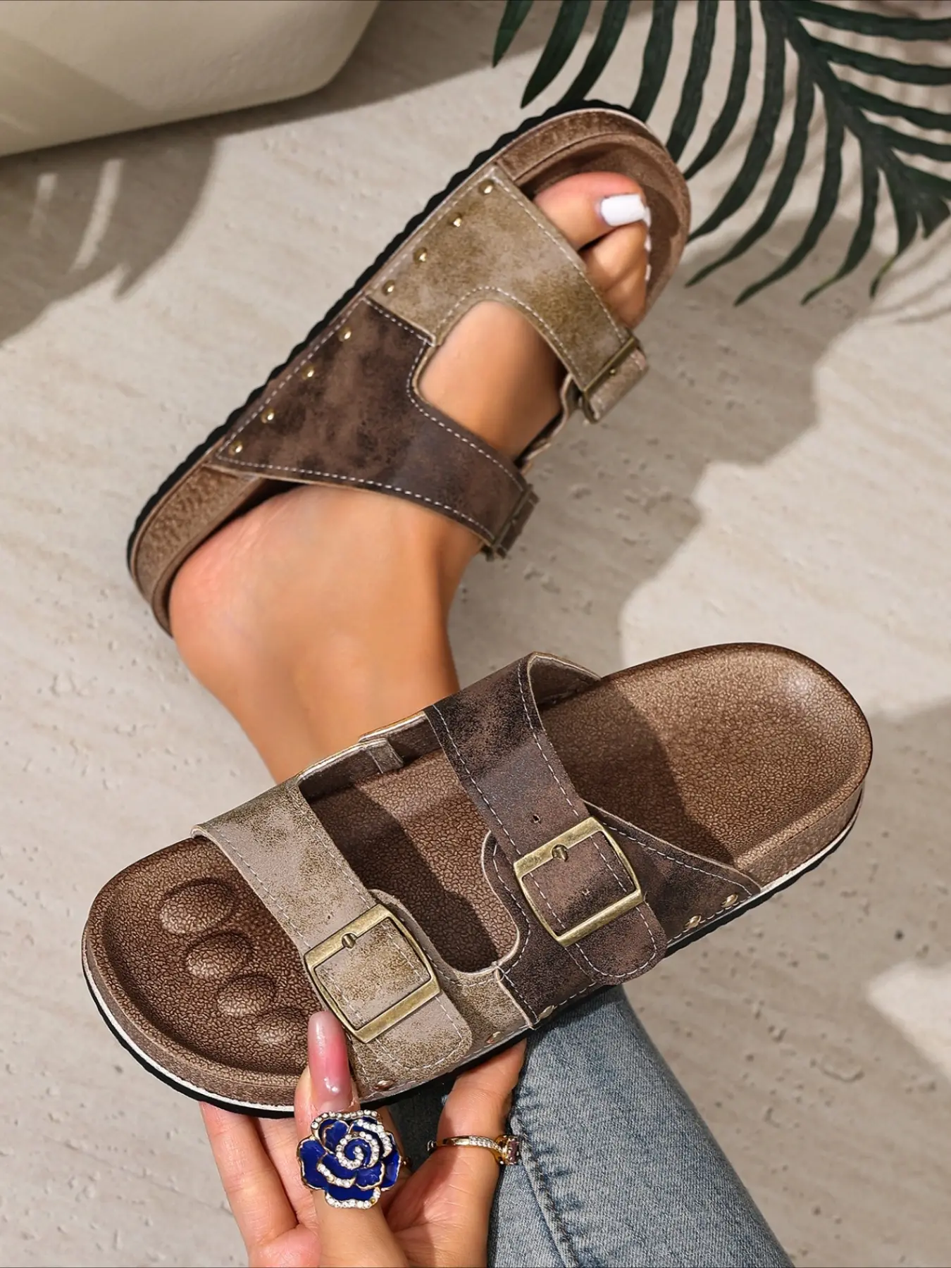 Retro color-blocked mesh headband half-slippers with double buckles, casual leisure sandals, Casual Trendy Sandals. 2026 cross-border bestseller for women’s shoes, Boho casual sandals, Casual Summer Footwear.