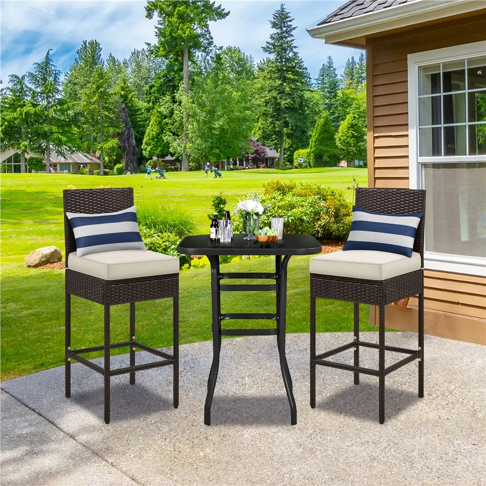 Yaheetech Set of 2 Rattan Wicker Patio Bar Stools, Outdoor PE Rattan Bar-Height Chairs with Cushions, Footrests & Backrests, 300Lb Max Load, Brown/Beige for Backyard, Porch, Rattan Wicker Chairs