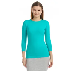 Turquoise 3/4 Sleeve Snug Fit Layering Cotton T-Shirt Top for Women