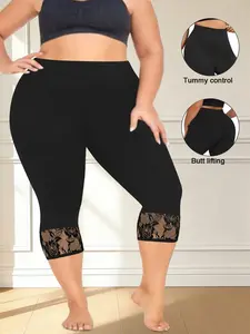 Plus Size Women's Lace Panel High Waist Capri Leggings, High Elasticity Comfortable Fit, Perfect for Casual & Daily Wear