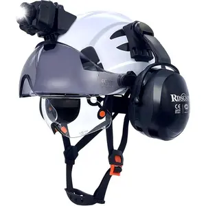 Safety Hard Hat with Visor, Ear Muffs and Headlight - Vented Lightweight Industrial Hard Hat, 6-Point Suspension, Safety Approved for Construction & Work