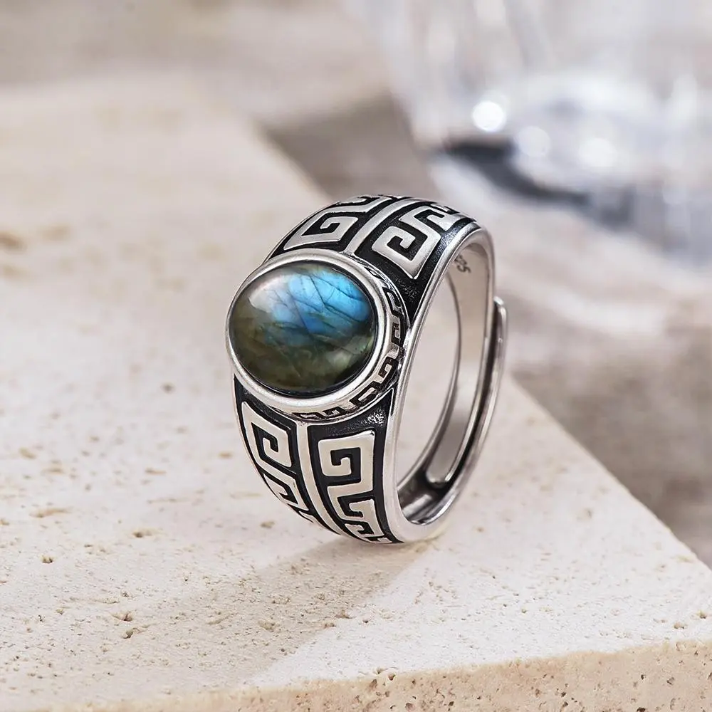Vintage Ring 925 Silver with Labradorite Natural Stone 8*10MM Adjustable Open Geometric Retro Rings Fine Jewelry for Men Women