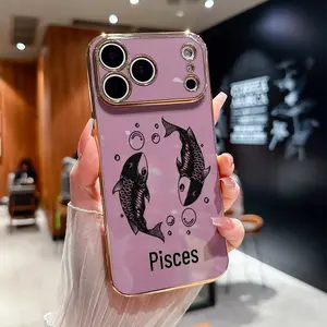 Luxury Crystal TPU Protective Mobile Phone Case, Customized Pisces Zodiac Design, Gold Electroplated Edge Texture, Full-Lens Screen Protector, Drop-Armor Shockproof Cover for iPhone 17 Pro Max, 16, 15, 14, 13, 12, 11 Plus (Mobile Phone Accessories)