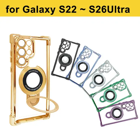 Ngangee Shockproof 4-Corner Drop-Protection Casing for Samsung Galaxy S24 Ultra, Magnetic Stand with Rotating Ring, Tempered Glass Screen Cover, Multi-Model Cellphone Accessories