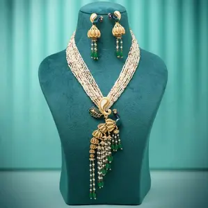 Rajwadi Peacock Inspired Matte Gold Temple Necklace Set with Beads and Charms in Green Color