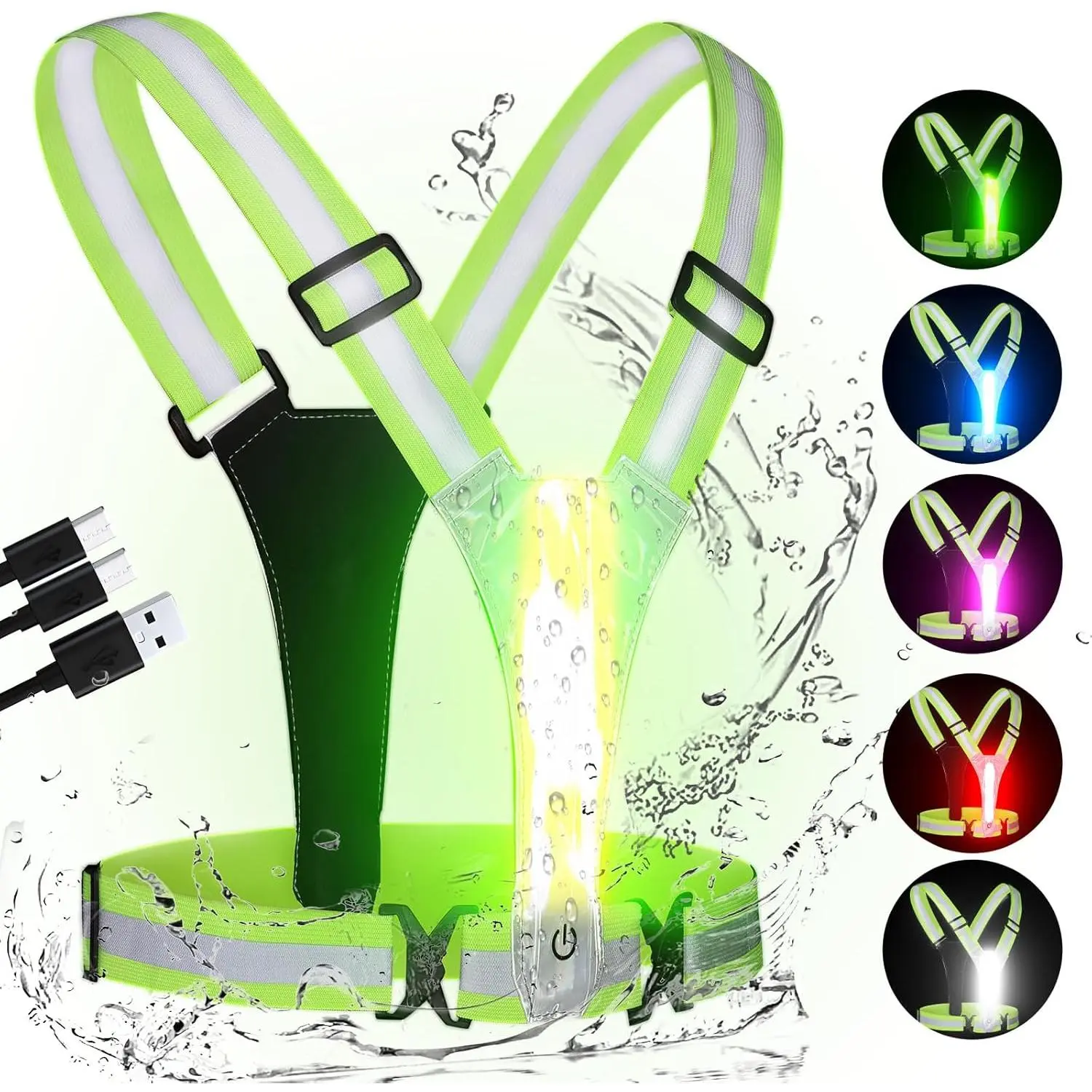 LED Reflective Vest Running Gear, High Visibility Reflective Running vest, 5 Lights Colors Rechargeable Safety Running Vests for Walking Running Cycling Jogging, Adjustable for Men Women