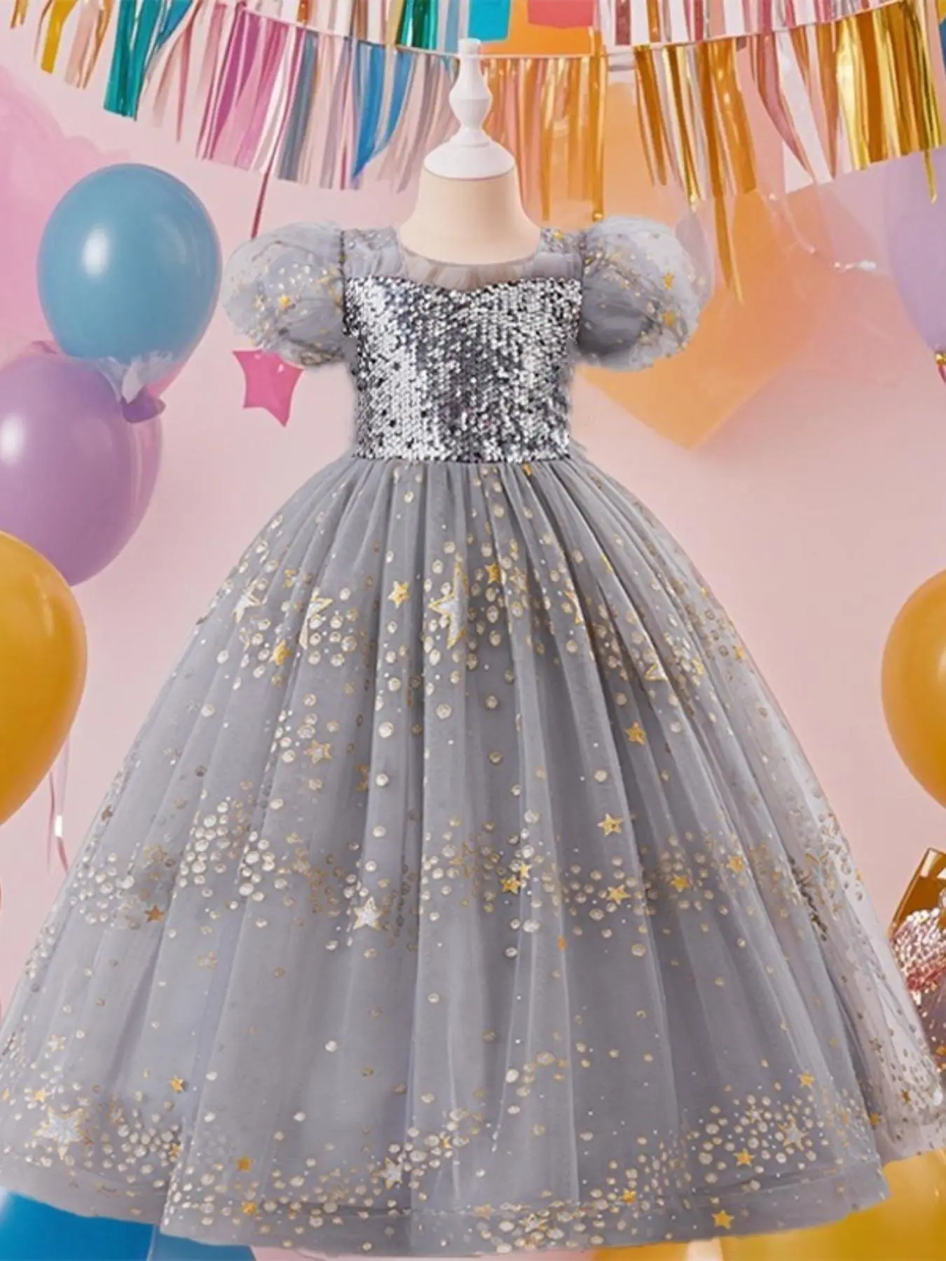 Girl's Glitter Sequin Splice Tulle Party Dress, Elegant Contrast Mesh Princess Dress for Piano Performance Host, Kids Clothes for Summer