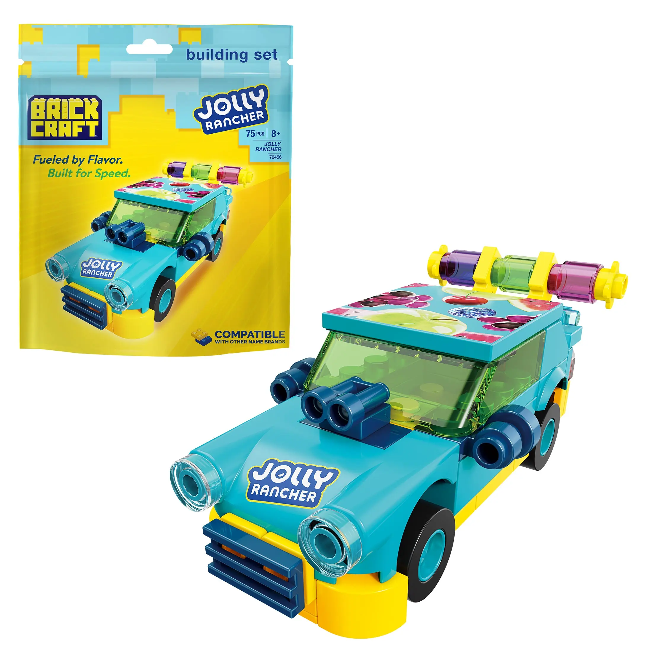 Brickcraft Jolly Rancher Racer Building Set, 75-Piece Brick Candy Car Model Kit with Rolling Wheels for Kids & Adults 8+